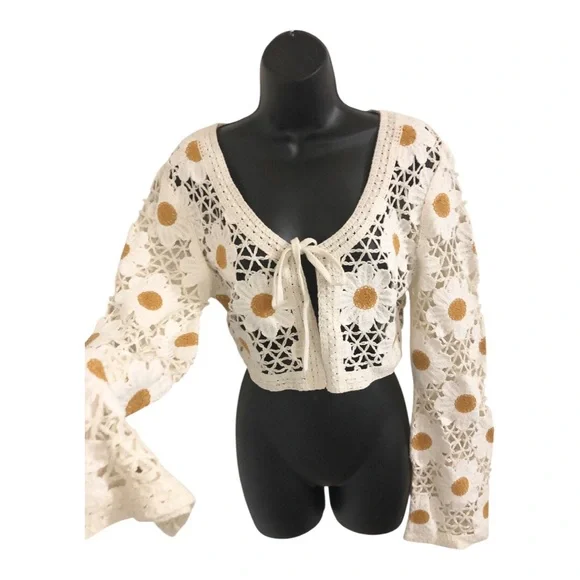 Jessica Simpsom cream daisy floral front tie crochet bolero cardigan size XL new - Picture 7 of 15